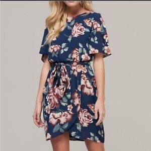 NWT Flutter Sleeve Shift Dress Blue Pink Floral Tie Waist